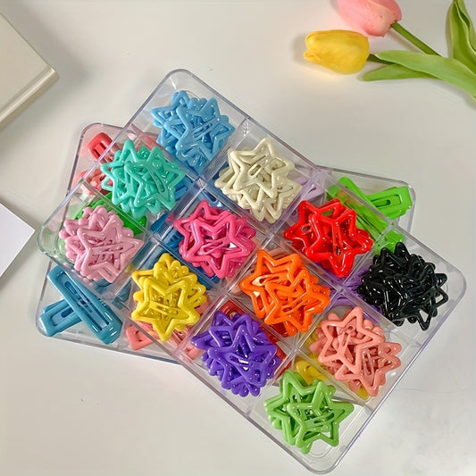 Y2K Cute Star Hair Clips Set in colorful metal star shape, available in 15/30/50/100pcs. Trendy hair accessories for all ages 14+. Perfect gift for Eid and Ramadan.