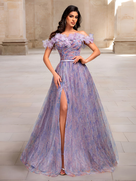 Stunning purple floral off-shoulder evening gown made of polyester tulle with lace detail, high-waisted, and floor-length with thigh-high slit for formal events.