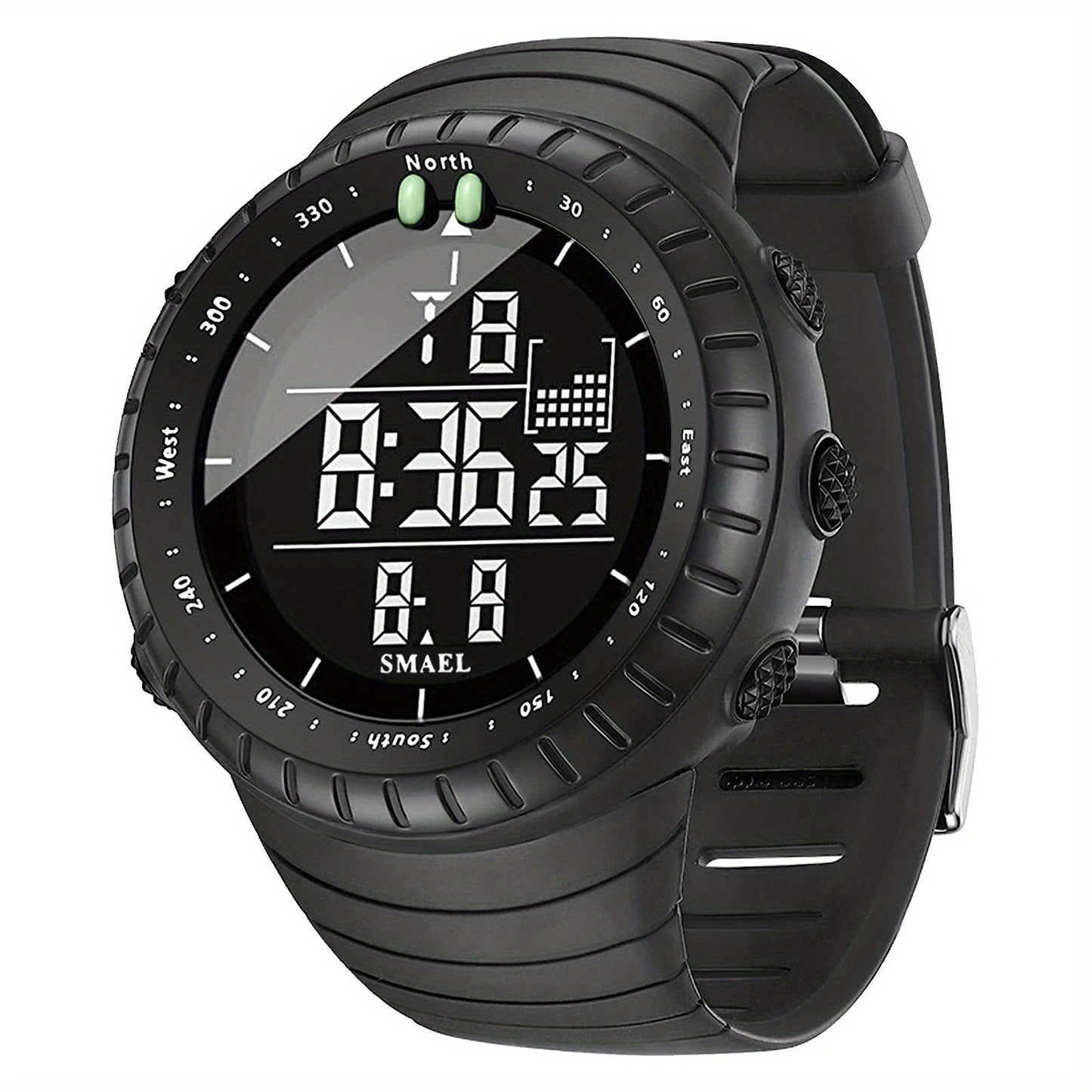 An ideal gift for men, this sports watch features a black dial with LED display and includes alarm clock, stopwatch, and 12/24 hour format options.