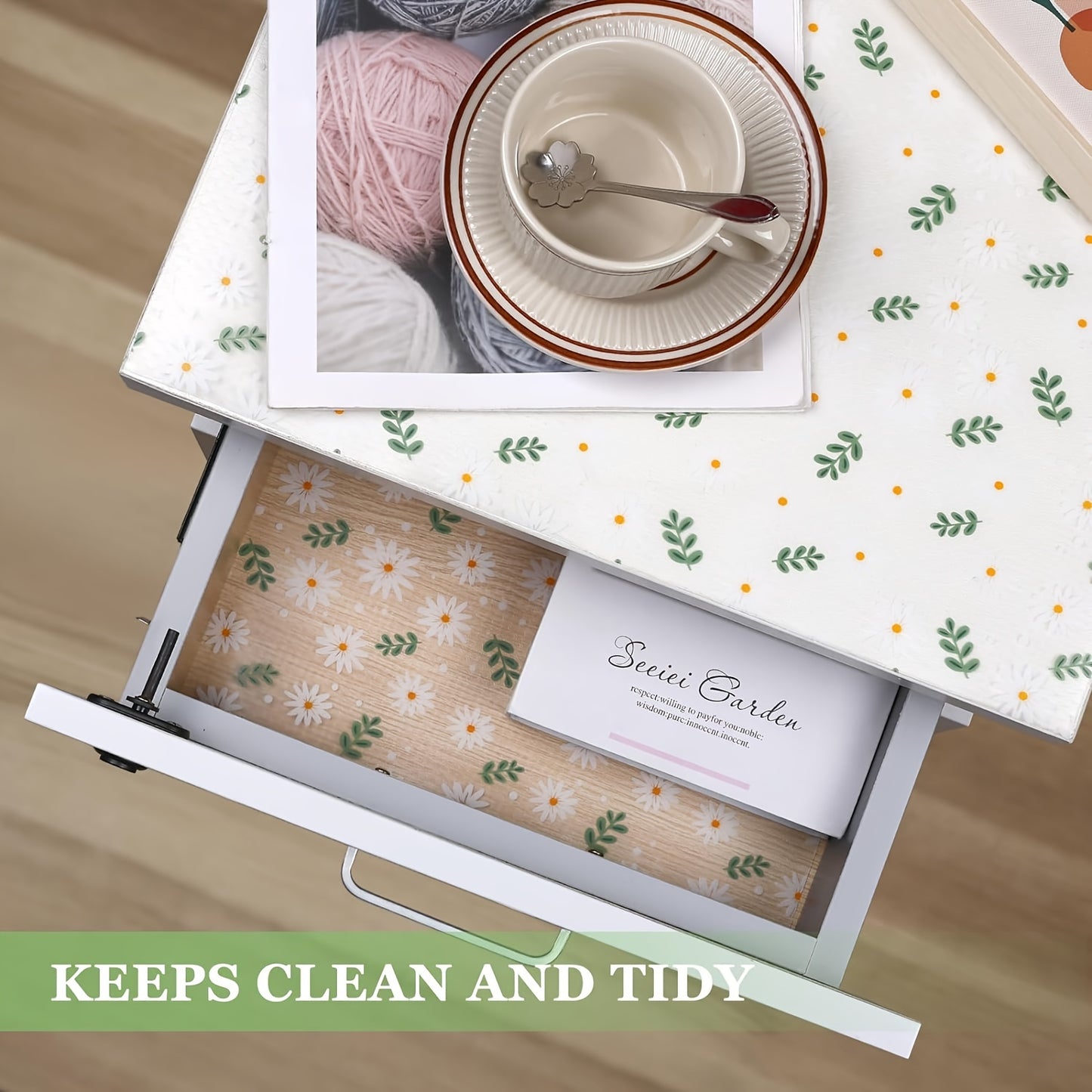 Elegant daisy pattern EVA shelf liner, waterproof, non-slip, and versatile for various uses in the home. BPA-free, odorless, easy to clean and cut. Ideal for kitchen cabinets, drawers, refrigerators, tables, wardrobes, and shoe cabinets. Transparent