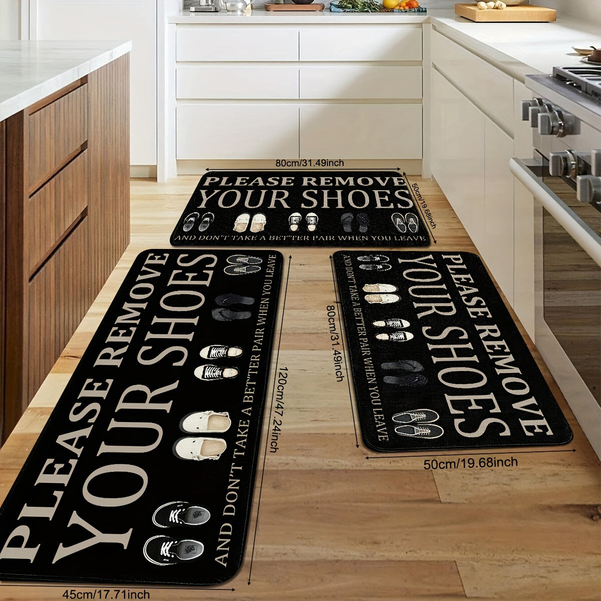 Hand-Washable Polyester Entryway Rug for Indoor and Porch Use - Non-Slip Mat with Decorative Shoe Prints and "Please Remove Your Shoes" Message