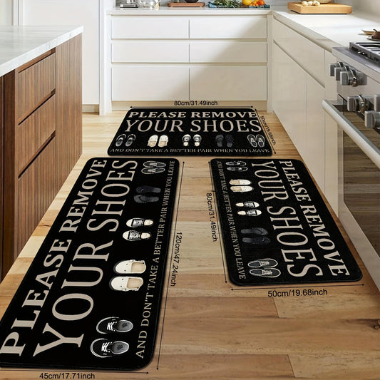 Hand-Washable Polyester Entryway Rug for Indoor and Porch Use - Non-Slip Mat with Decorative Shoe Prints and "Please Remove Your Shoes" Message