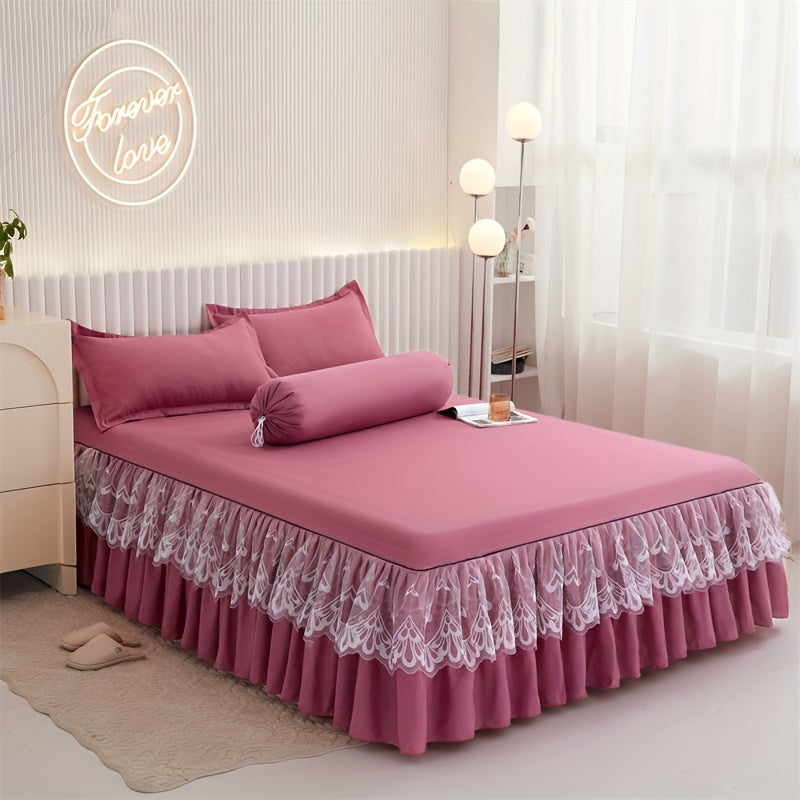 Chic 3-Piece Bed Skirt Set Featuring Double Layer Lace - Comes with 1 Bed Skirt and 2 Pillowcases, in a Solid Color. Non-Slip and Perfect for All Seasons, this Set is Machine Washable for easy care.