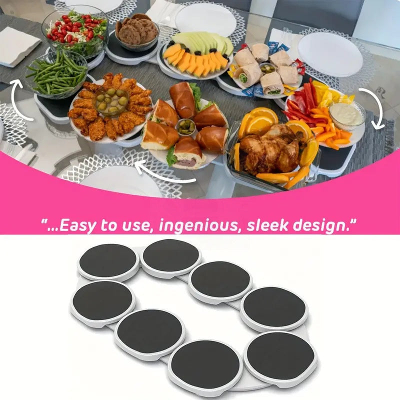 Set of 8 plastic lazy Susans, non-electric, rectangular table spinner plates. Portable and adjustable with a universal fit for use in kitchens and restaurants.