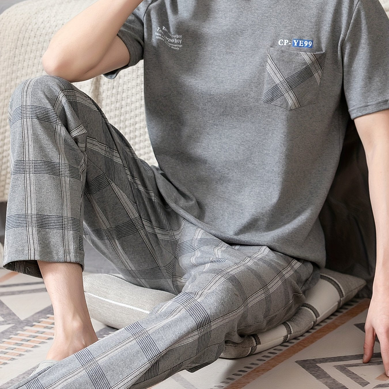 Men's summer pajamas made of pure cotton with short sleeves and long pants, lightweight and available in plus sizes for young adults.