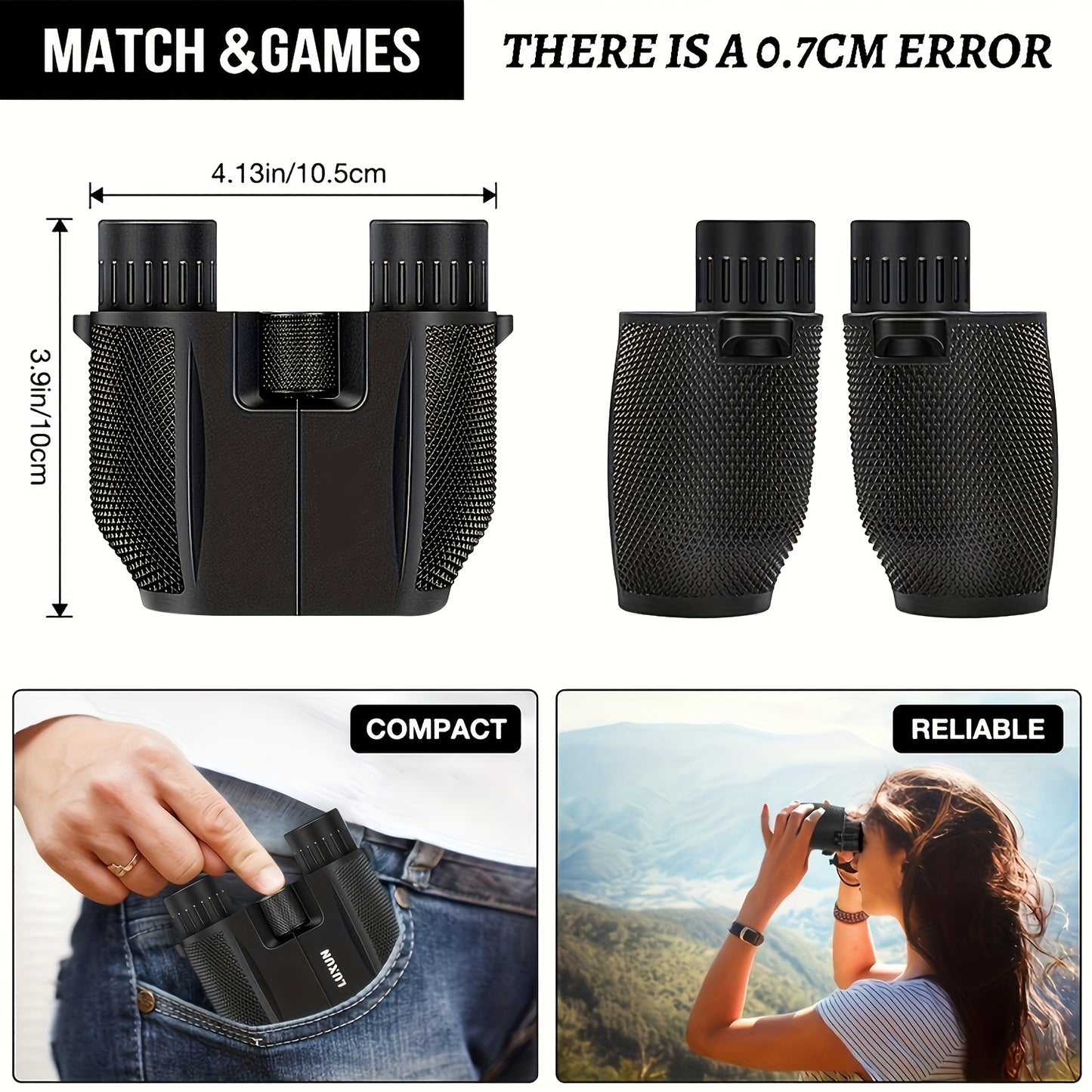 Black rubber-coated binoculars with 24mm objective lens, 10x magnification, center focus, and an ergonomic design for outdoor activities.