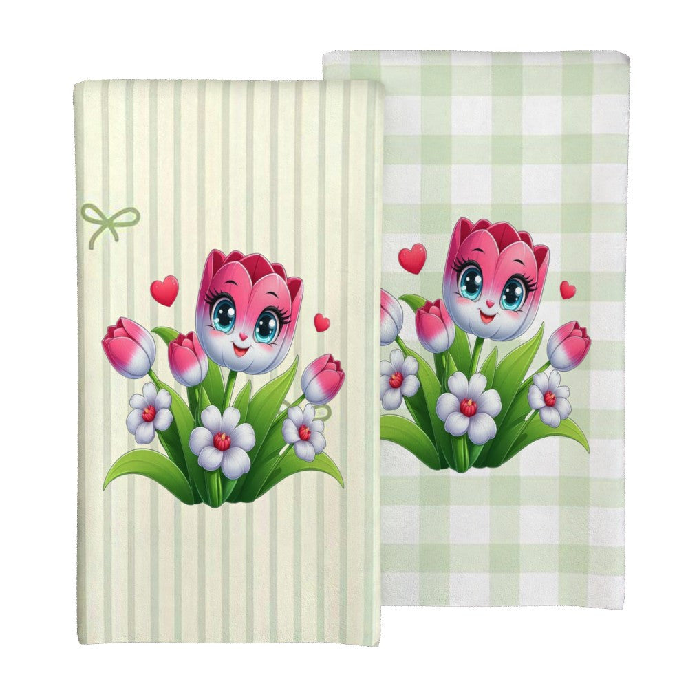 Two pieces of incredibly soft decorative towels featuring a whimsical flower design. These towels measure 45.72x66.04 cm and are both quick-dry and highly absorbent, making them perfect for use in the kitchen or bathroom. They are also machine washable