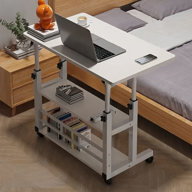 A convenient folding desk on wheels, adjustable height, and versatile usage - perfect for students, home office, or bedside. Large, portable design with a shelf for study or laptop work.