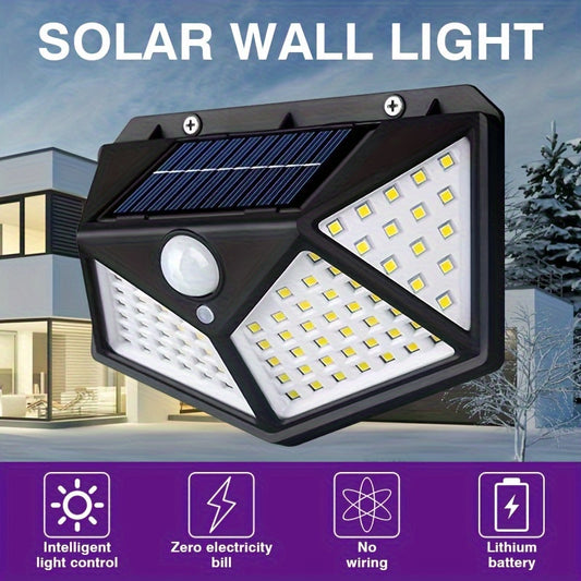 Solar-powered wall light with motion sensor, touch control, rechargeable, energy-efficient outdoor lighting, easy installation, no wiring needed.