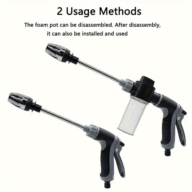 High-pressure foam gun with long handle and adjustable nozzle for cleaning, watering, and tire inflation. Includes foam cannon and pressure spray bottle.