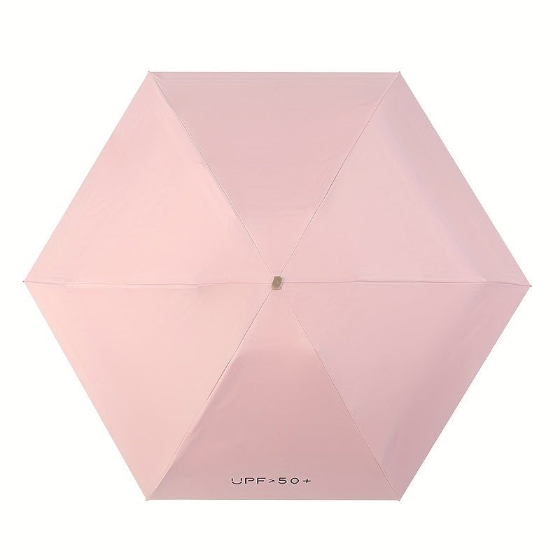 Mini folding umbrella with 6 ribs and durable aluminum alloy handle/frame, manual open/close, stylish and portable, suitable for sun and rain. Available in pink, blue, white, and gray. Cute