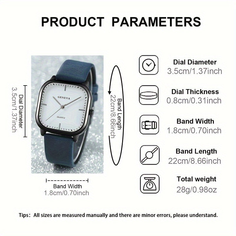 Stylish square quartz wrist watch for men and women with alloy case, PU leather band, chic casual style, button battery - 1 piece.