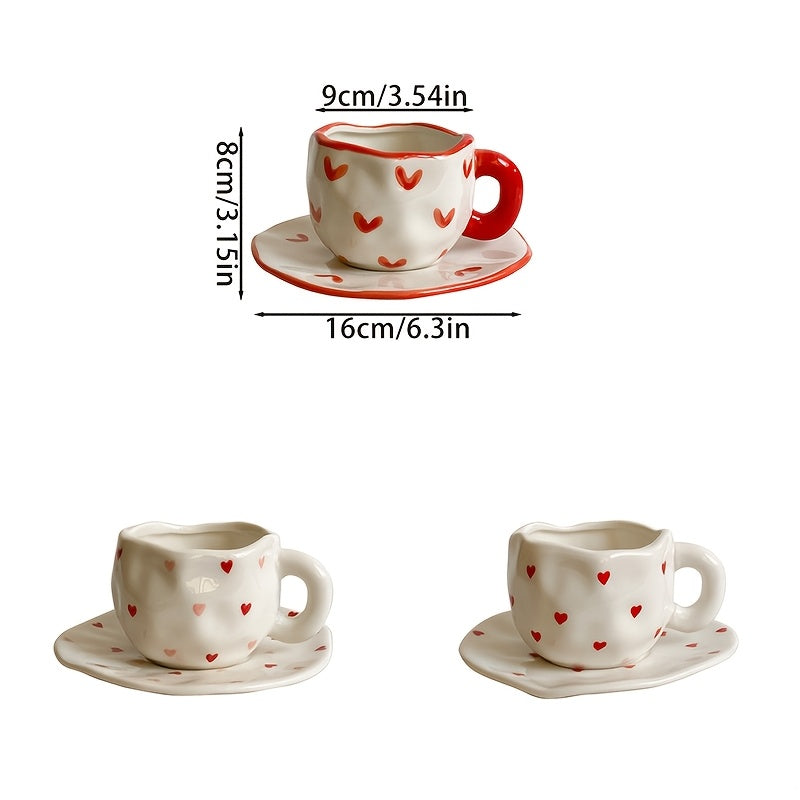 Valentine's Day Love Irregular Coffee Cup and Saucer with a unique hand-kneaded texture. Ideal for home decor, drinking water, afternoon tea, coffee, cake, couple dates, candlelight