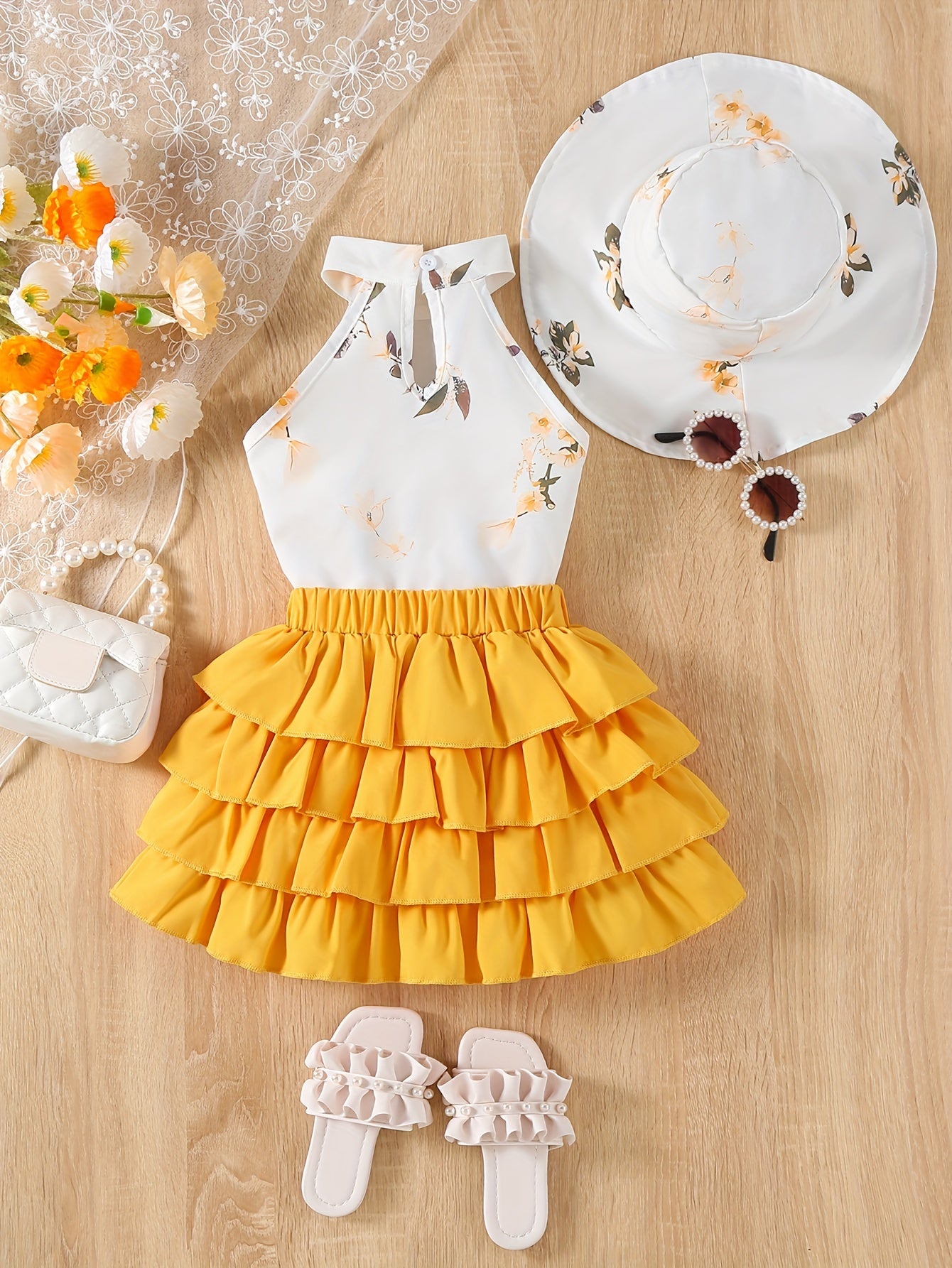 Floral garter top, layered skirt, and hat for young girls.