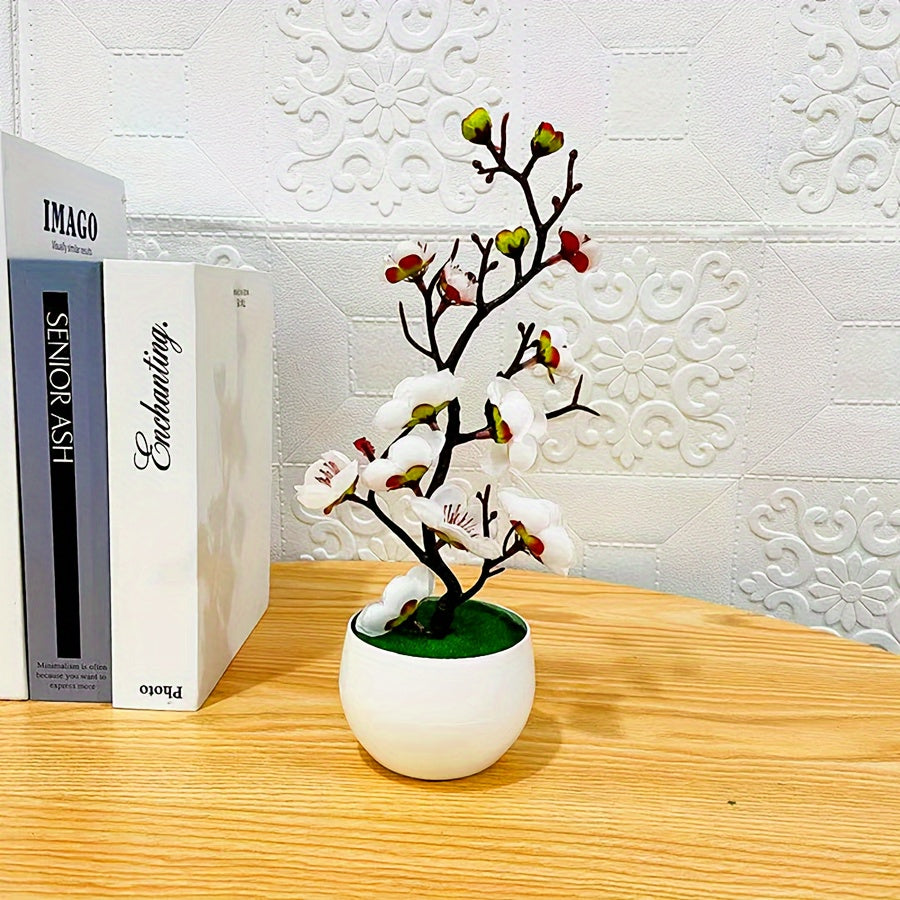 Artificial plum blossom bonsai for home or office decor, lifelike potted fake flower plant.