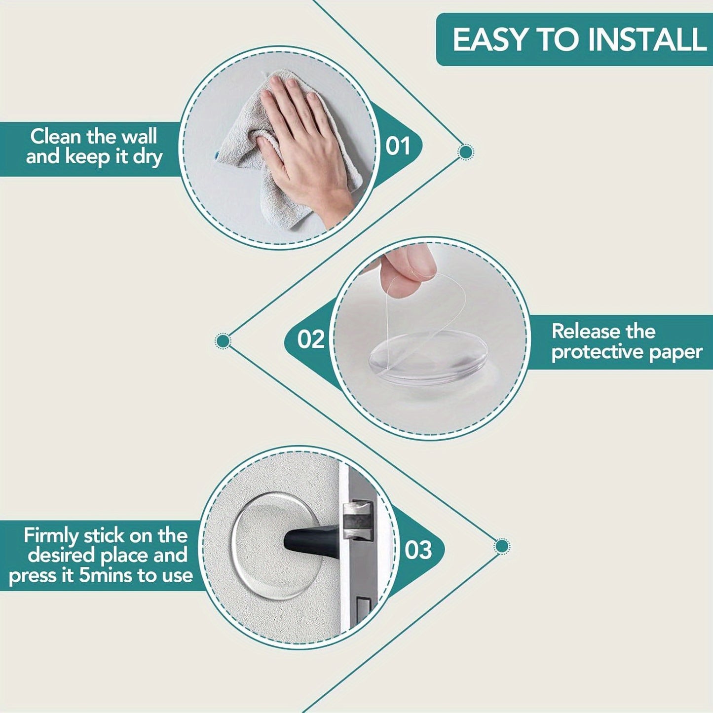 6 self-adhesive door stop wall protectors: clear, shock-absorbing, noise-reducing. Easy to install, reusable for home and office.