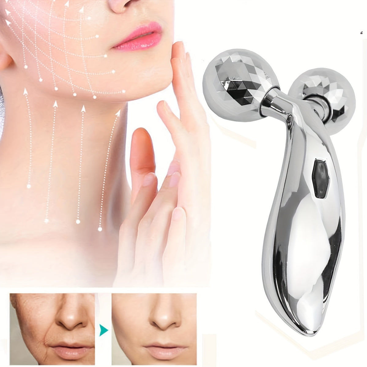 1pc 3D Manual Roller Massager and 2pcs Y-Shaped 360-Degree Rotating Face & Neck Relaxation Devices, Silver Skincare Beauty Tools, No Power Required.