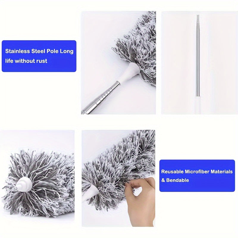 One Piece Reusable Washable Retractable Duster with a Bendable Head for Dust Removal on High Ceilings, Furniture, Cars, and More - A Must-Have Cleaning Tool for Your Home or Office