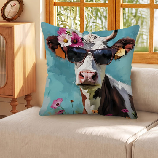 Vintage Floral Cow with Glasses Polyester Cushion Cover - 1 piece, 44.96x44.96 cm, Zippered, Machine Washable, Decorative Single-Sided Print for Home Decor in Living Room, Bedroom, or on Sofa - Insert Not Included