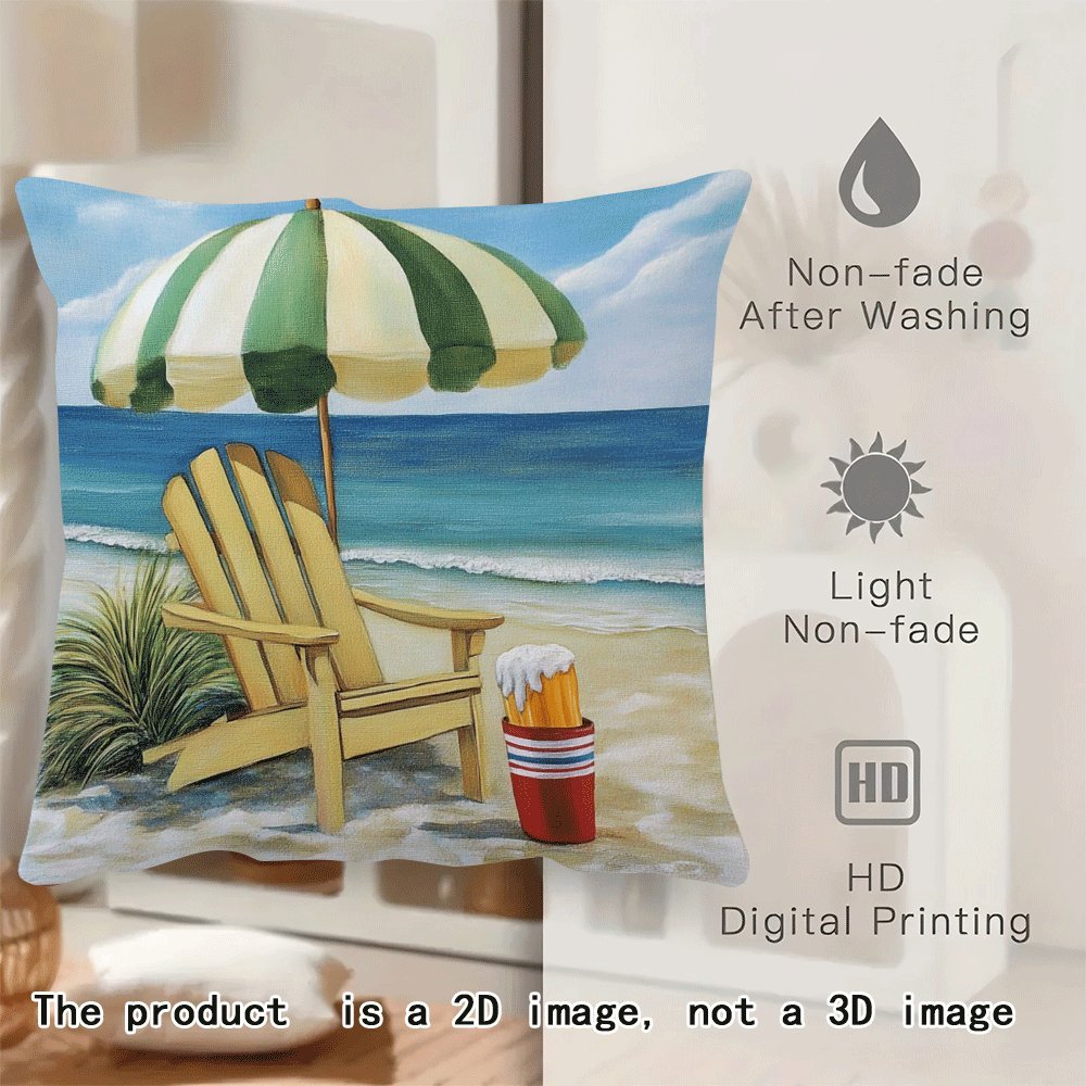 Flannel Beach Chair and Umbrella Pillowcase, Modern Summer Holiday Theme, 45.72x45.72cm in Size, Zippered Square Cushion Cover for Sofa, Bedroom, Living Room, Car - Machine Washable, All-Season Comfort, Perfect for Back Sleepers.