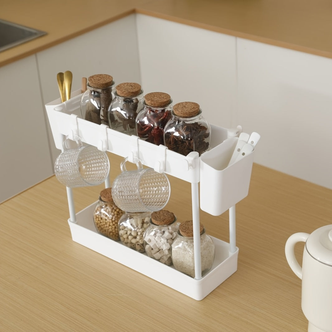 Organize your kitchen with the 2-Tier Classic White Sink Organizer Rack. Made of durable plastic, this rack features open storage for easy access to spices and essentials. With easy assembly and a portable design, no power is needed for this convenient