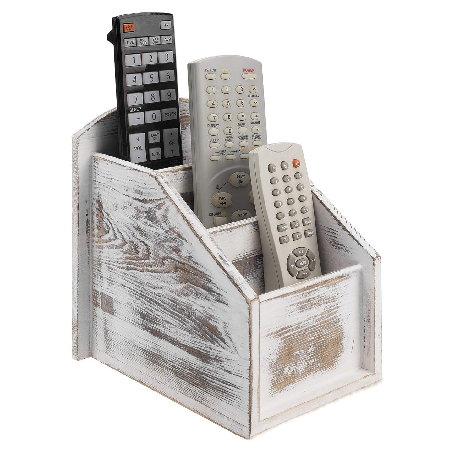 Wooden organizer for remote controls and phones with 3 compartments for storage of various items in living rooms, offices, and homes.