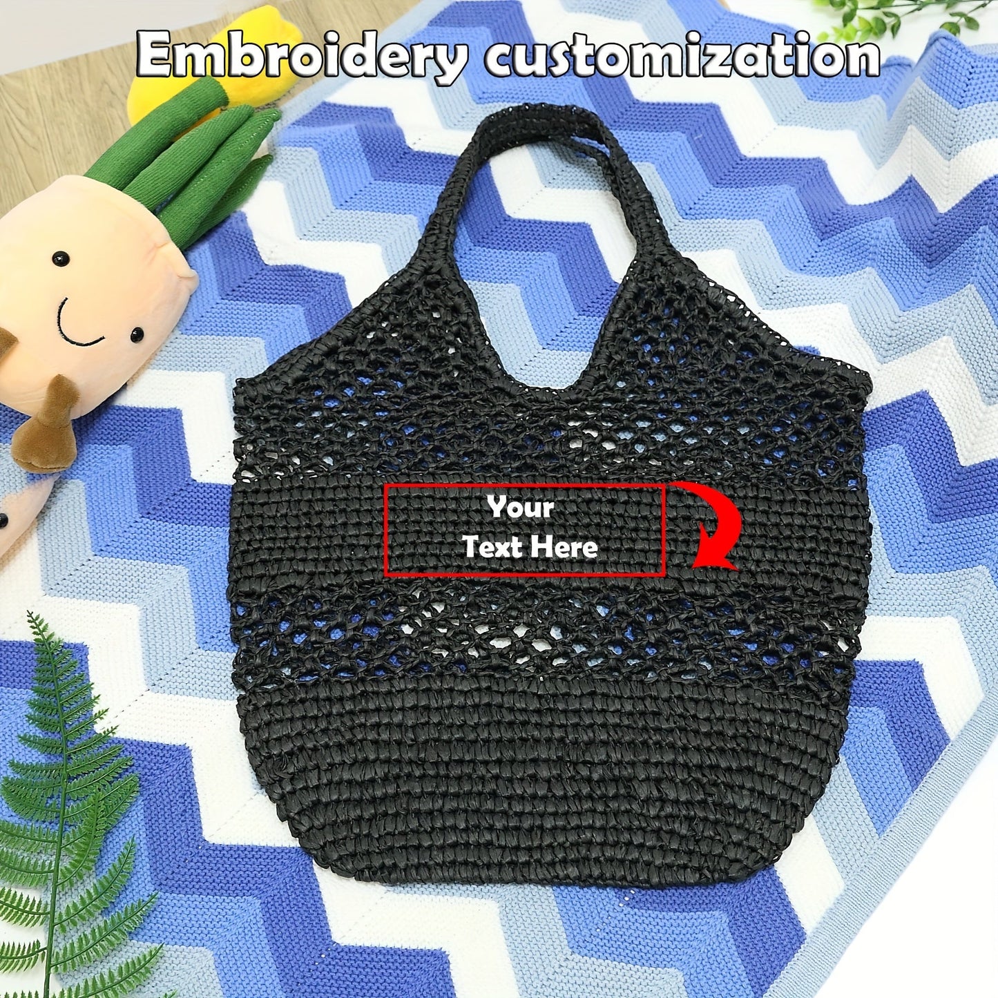 Large Capacity Women's Beach Tote with Custom Embroidery - Hand-Woven Mesh with Hollow Design, Perfect for Vacation & Travel, Great Gift Idea