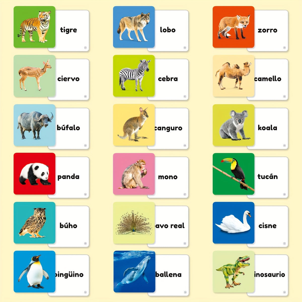 54 Spanish children's animal word learning cards with corresponding image cards, featuring small animals and rounded corners for safety.