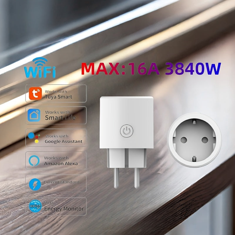 1pc Mini Smart WiFi Socket with TUYA App Remote Control, Alexa, Google Home, Voice Control, Timer,16A 3840W, European Standard Plug Type-F, 2.4GHz WiFi Only