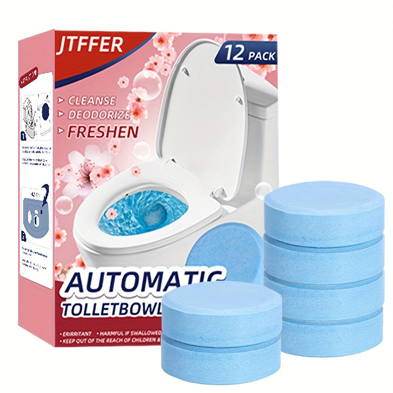 JTFFER Automatic Toilet Bowl Cleaner Tablets come in a 12-pack and are formulated with antibacterial citric acid to effectively clean and freshen ceramic surfaces. These tablets provide long-lasting freshness, deodorize, and help to break down tough