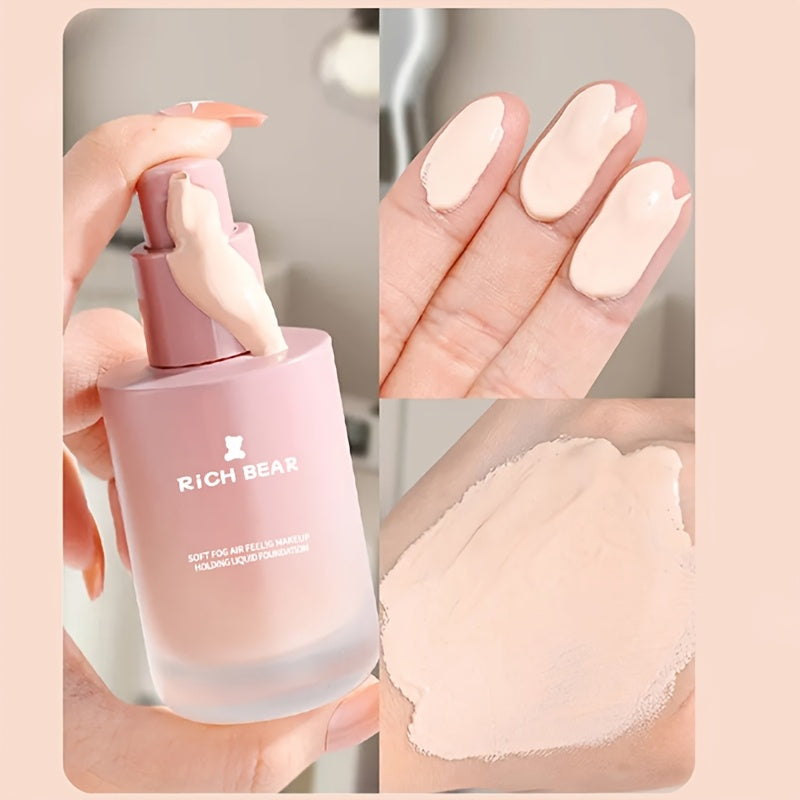 RichBear Soft Mist Long-lasting Liquid Matte Foundation with Oil Control, Concealer, Hydrating, Brightening, Waterproof, and Sweatproof properties.