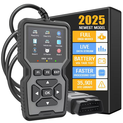 Professional OBD2 diagnostic scanner tool for cars since 1996, USB powered, with engine fault detector, code reader, battery tester, and code eraser. Supports 10 languages and all OBD II