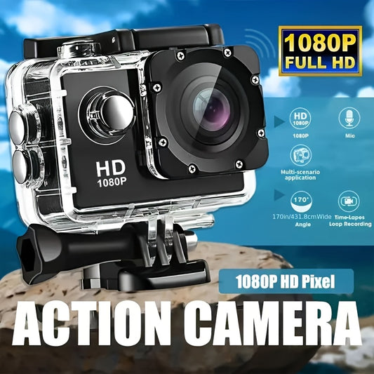 1080P HD action camera with ultra HD recording, 140° wide-angle lens, 5.08cm LCD screen, ideal for outdoor sports. Features automatic exposure, digital stabilization, fisheye lens, and can