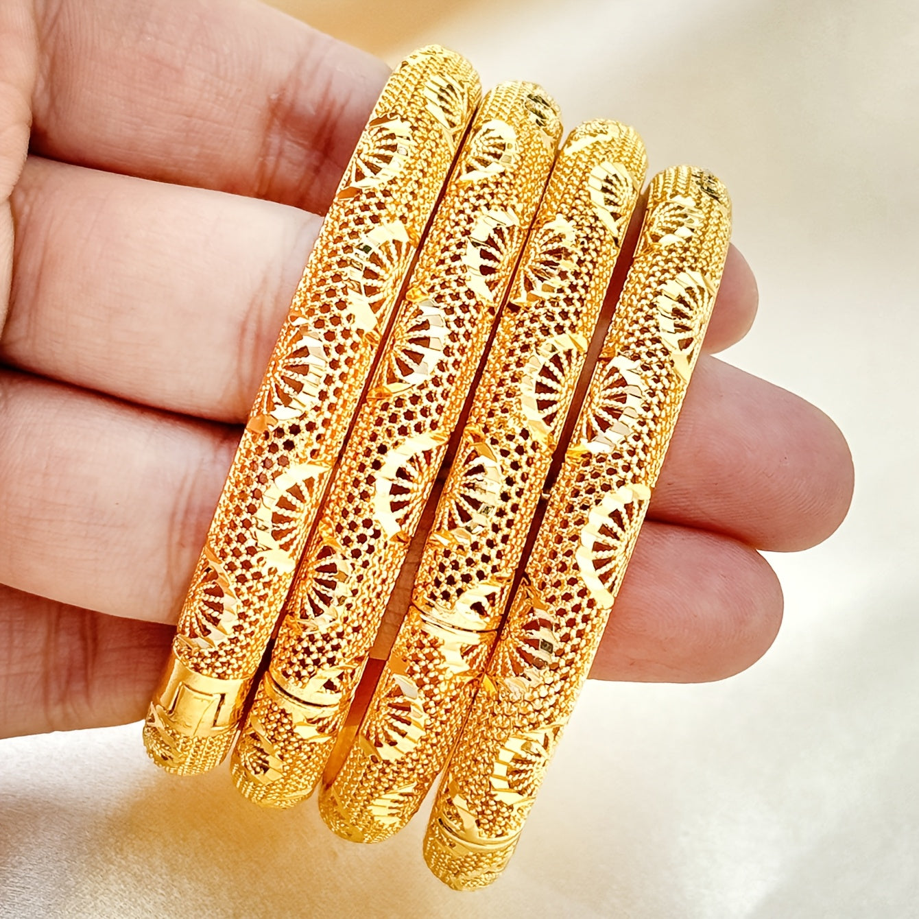 24K Golden Plated Copper Bangle Set, Stylish Vacation-Inspired Design, Hollow Circular Style, Fashionable Bracelets for Women, Ideal for Everyday and Wedding Wear, Perfect for Christmas and Year-Round Use