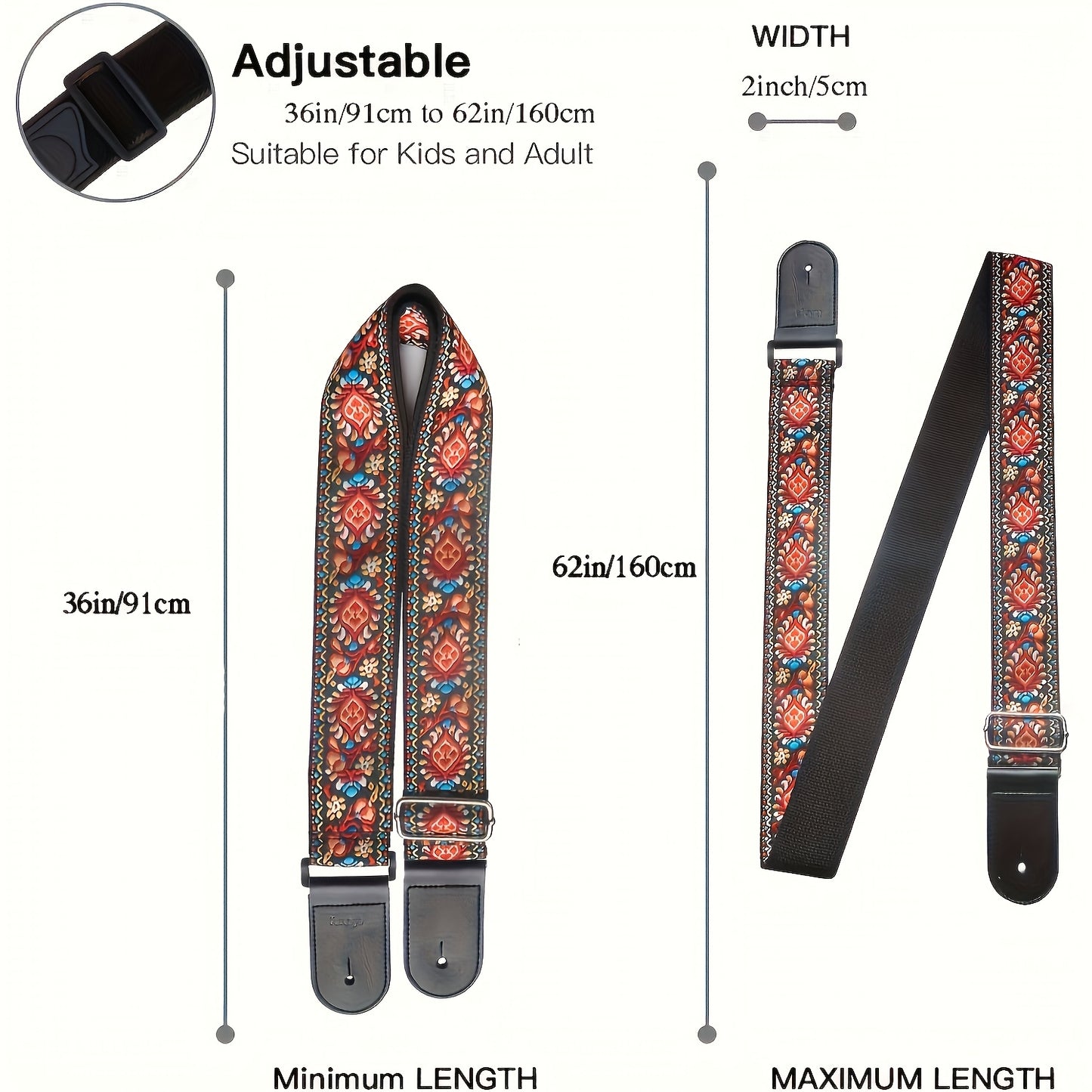 Vintage Blue Floral Embroidered Guitar Strap with Faux Leather Ends - Durable strap for Bass, Electric & Acoustic Guitars