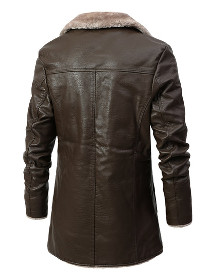 Men's mid-length jacket with plush collar and cuffs, button-up front, long sleeves, black, machine washable.