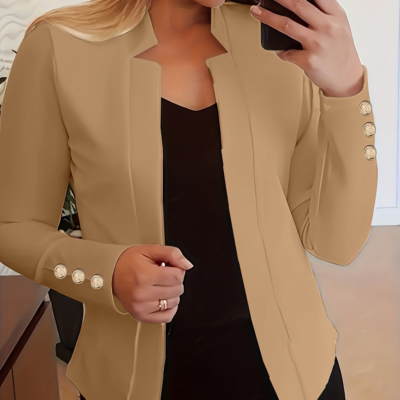 1pc Plus Size Solid Color Cardigan Jacket with Faux Button Detail, Polyester Knit Fabric, Notched Lapel, Spring/Autumn Outerwear