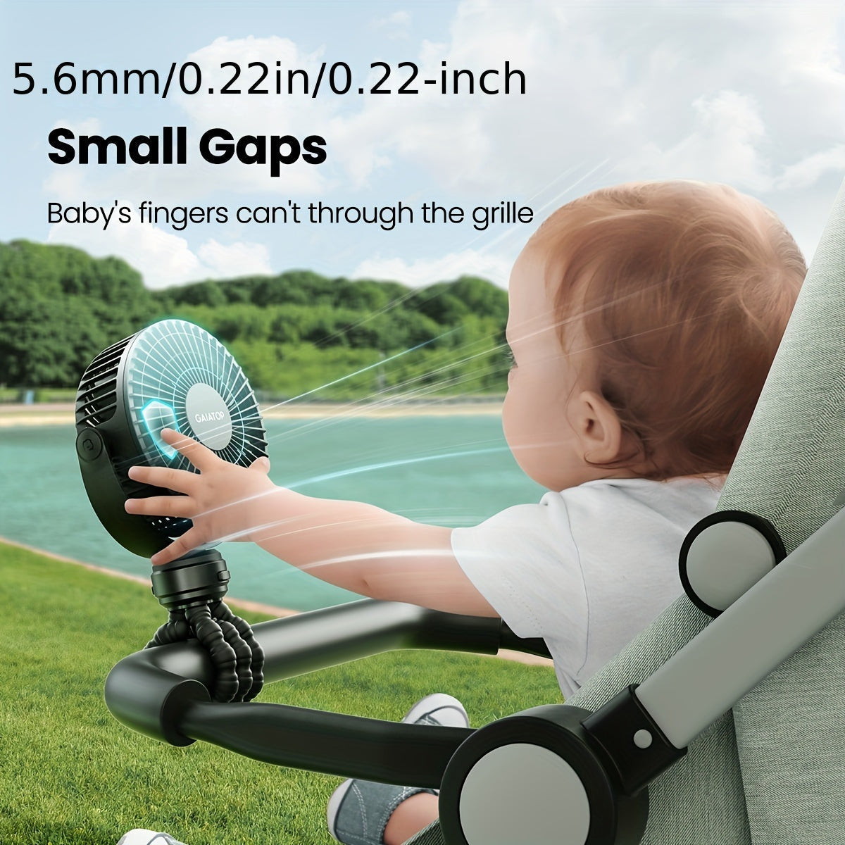 Small clip-on fan, rechargeable portable stroller fan with 3 speed settings, detachable and flexible, 360° rotation for handheld or desk use. Operates on battery power.