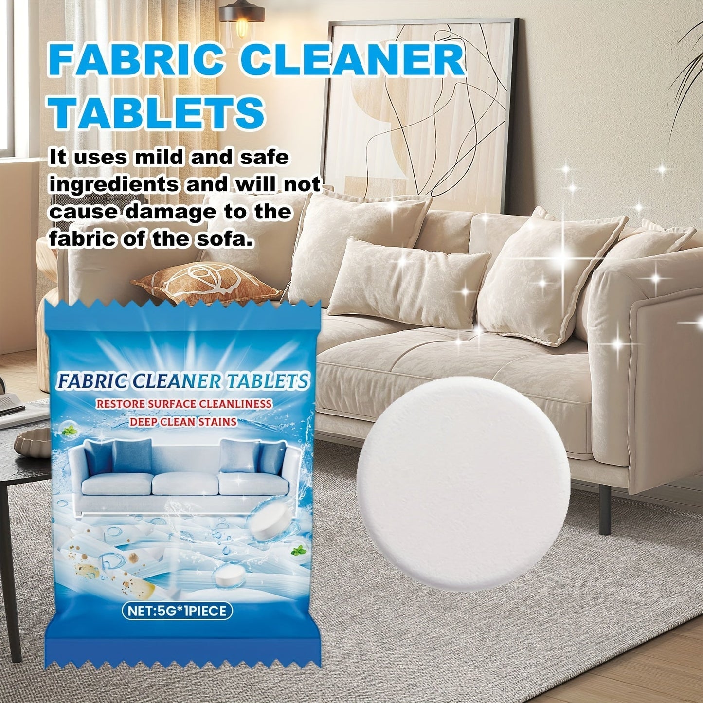 One piece of fabric cleaner tablets designed for sofas, carpets, and mattresses. Features a low odor, all-purpose citric acid formula for deep stain removal. Safe to use on all fabrics. Each tablet is 5g in size.