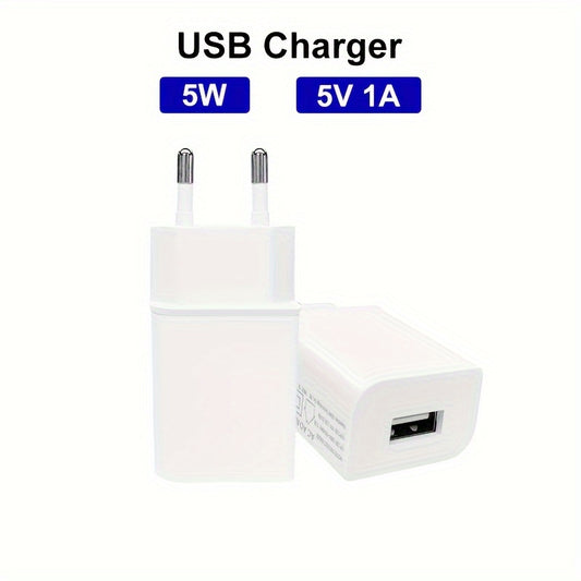 5W USB wall charger with EU plug for charging various devices such as iPhone, headphones, mobile phones, Samsung, Kindle, drones, TV sound bar, earbuds, MP3, and MP4.