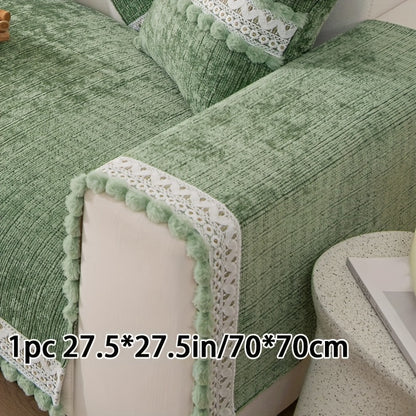 Green Chenille Sofa Cover with Pom-Poms - Waterproof & Pet-Friendly, Fits all sofa sizes (1-4 seater) - Easy care, machine washable, tassel detail, ideal for any room decor