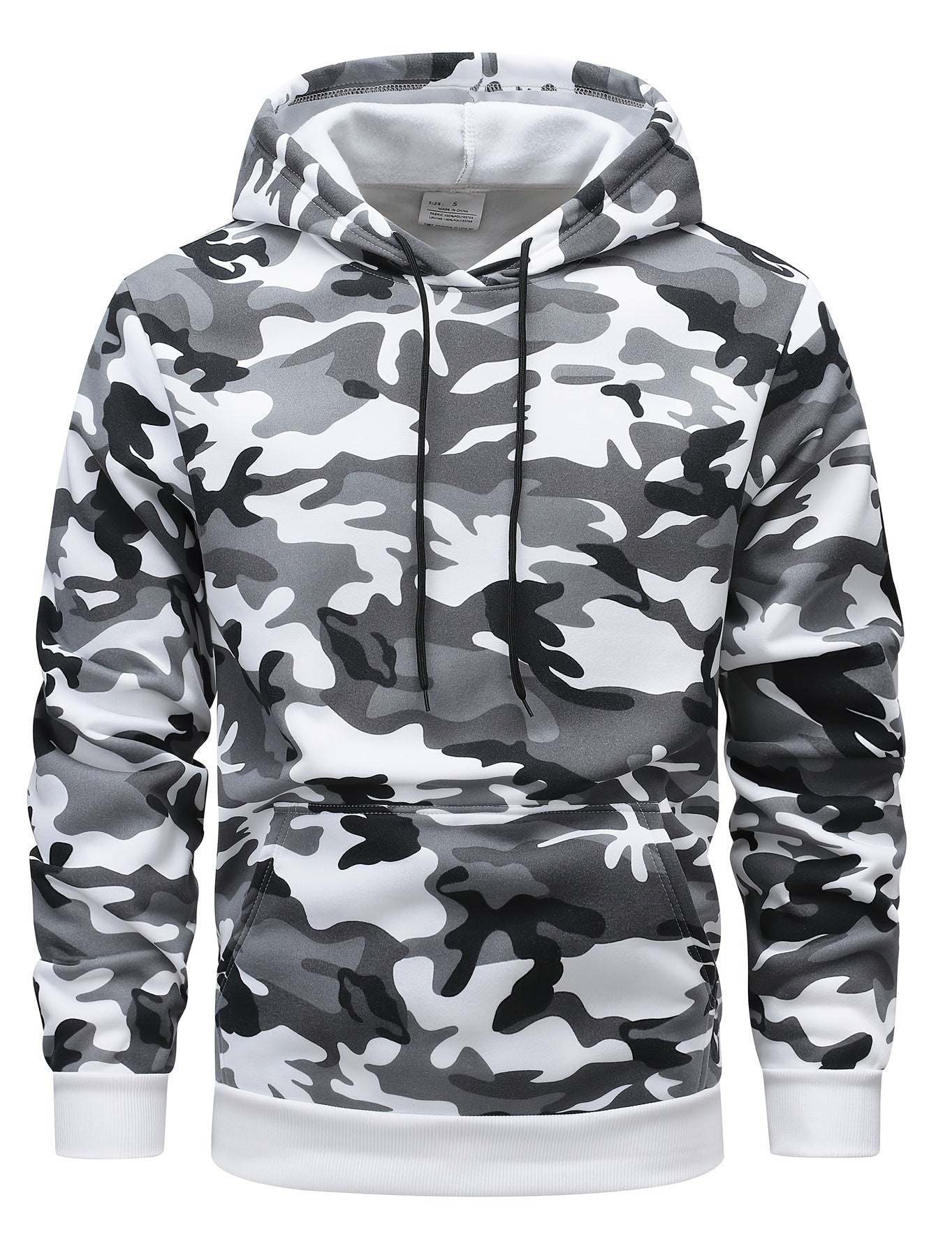 Men's camo hooded sweatshirt and pants set for outdoor activities in fall/winter. 100% polyester with drawstring pullovers and 3D printing. Suitable for hiking, camping, hunting, running