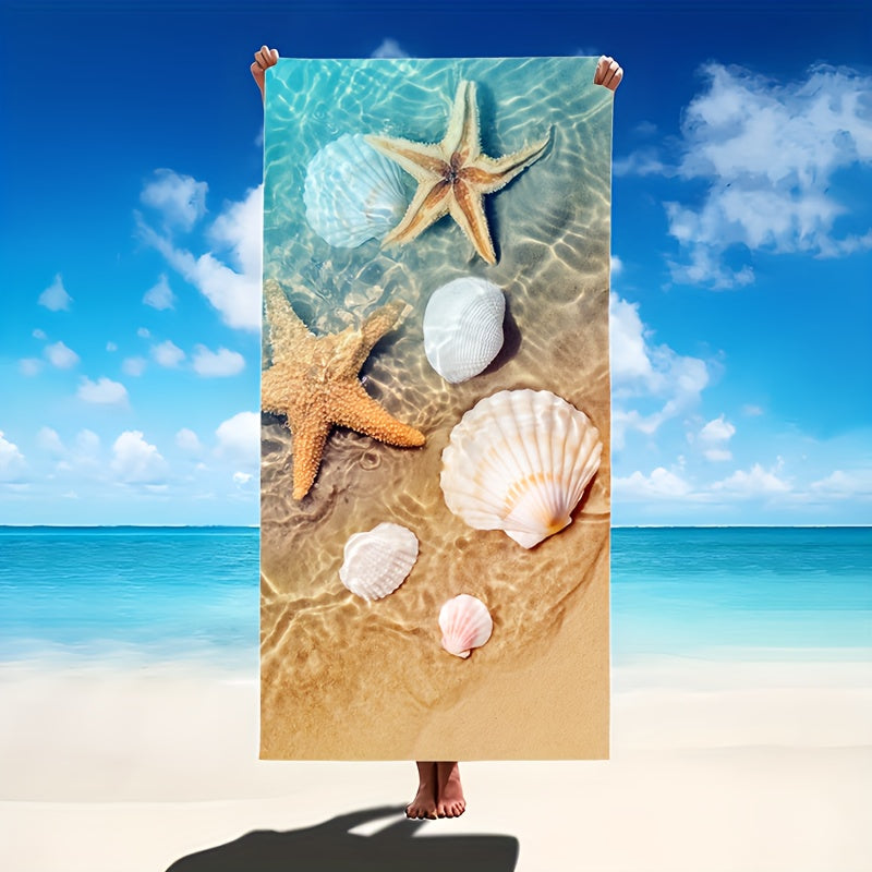 Soft, quick-dry beach towel with starfish and seahorse design. Sand-resistant, super absorbent microfiber. Ideal for pool, camping, yoga, diving. Tropical style in two sizes. Perfect for travel and yoga.