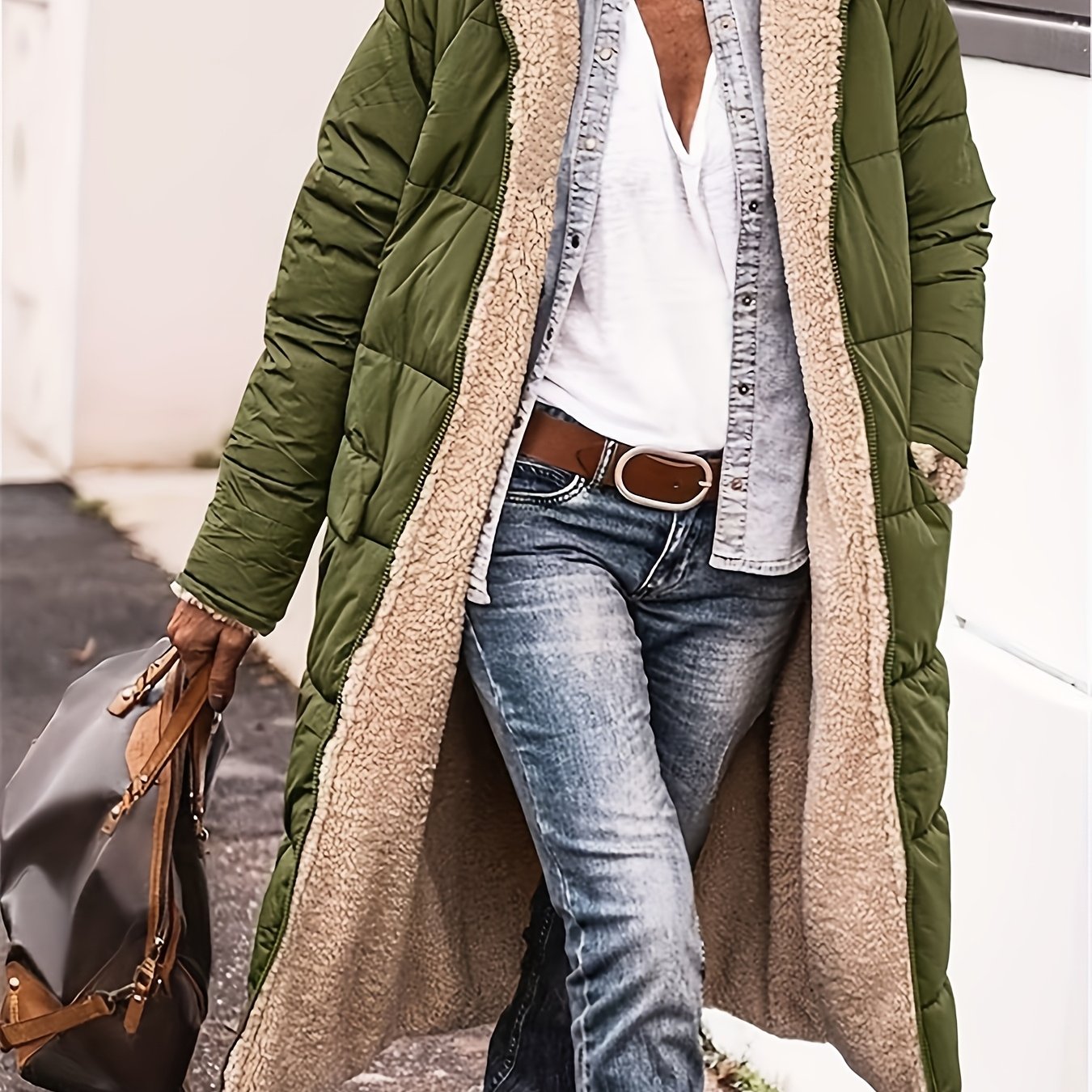 Fuzzy reversible longline winter coat, perfect for fall and winter in plus sizes.