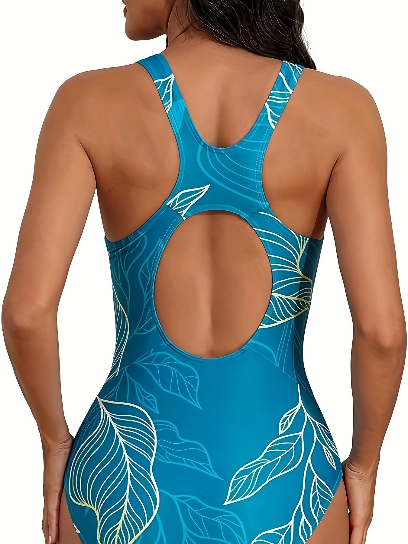 Women's athletic one-piece swimsuit with leaf print features high stretch, round neck, built-in bra, non-transparent polyester & elastane blend, and movement style.