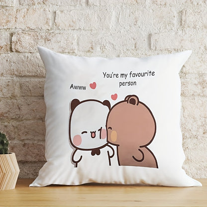 Velvet cushion cover featuring cute Bubu & Dudu panda bears in a cartoon couple design with "You're My Favorite Person" text. Cozy square throw pillow case for home decor, machine washable with zipper closure.