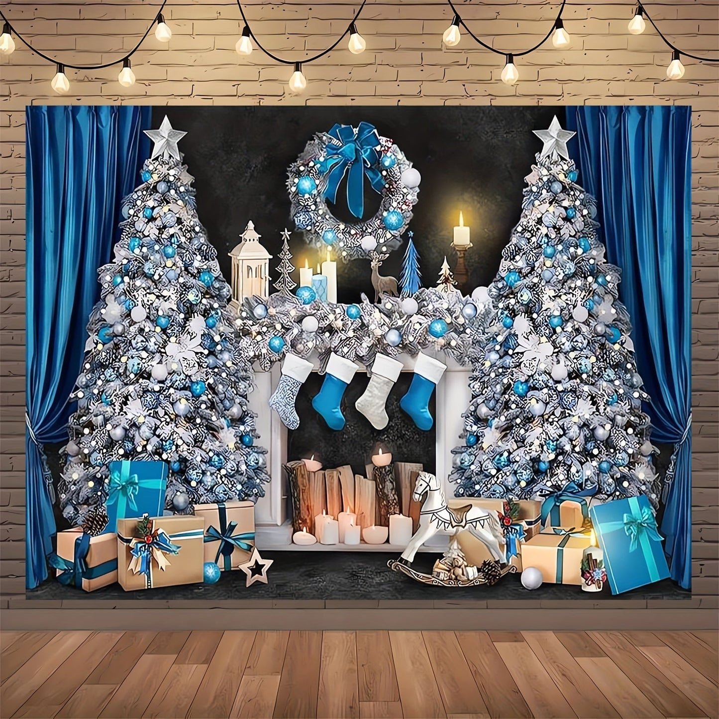 Retro Blue and White Christmas Mantelpiece Scene with Presents and Tree - Ideal for Photo Booths, Events & Decorating Your Home