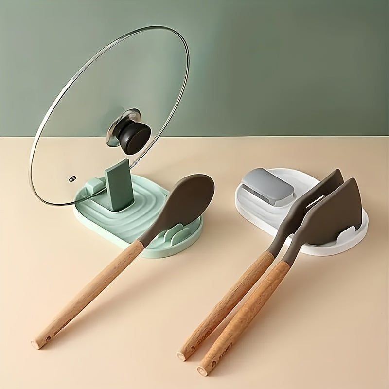 Foldable Plastic Spatula/Spoon Rest that can also be used as a Pot Lid Holder and Tableware Storage Rack, serving as a Kitchen Organizer for all your Kitchen Supplies and Tools, along with additional Storage Accessories.