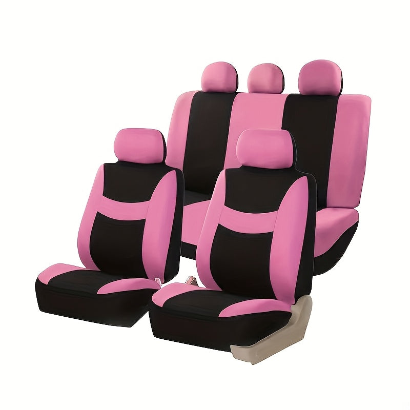 New full seat cover set for 5-seater car, includes 2 front seat covers, 1 rear seat back cover, 1 rear seat cover, and 5 car seat head covers.