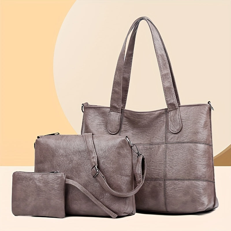 3pc women's handbag set with solid color shoulder and crossbody bags. Features fixed straps, zipper closure, nylon lining, and edge paint detail. Versatile for shopping, travel, and work.